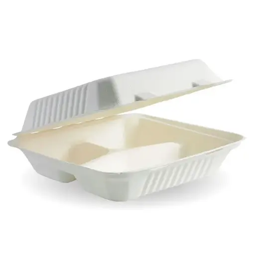 [B-HL-93] 23x23x8cm 3-Compartment White Plant Fibre Clamshell 